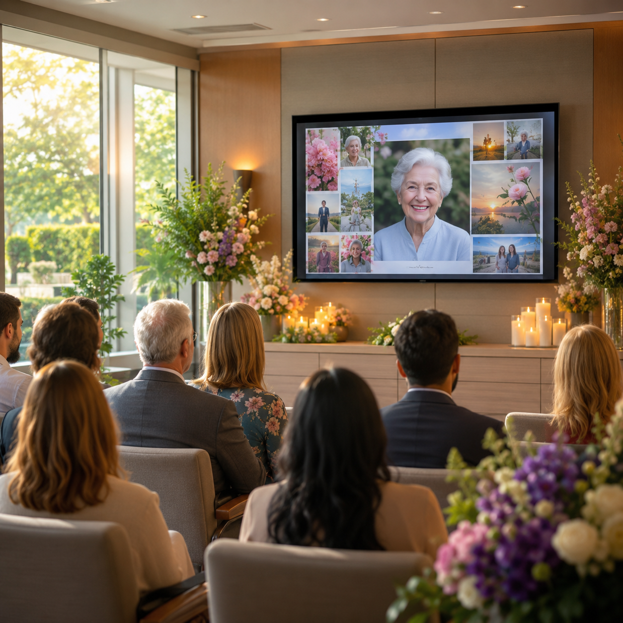Family and friends gather in a bright funeral home chapel as a personalized digital tribute displays photos and memories celebrating a loved one's life.