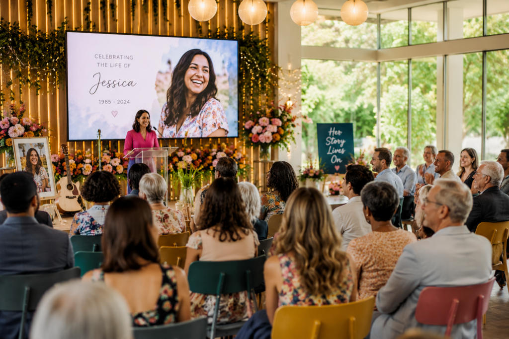 Guests smile and gather at a colorful modern memorial service celebrating a loved one’s life with flowers, photos, music, and personal touches.